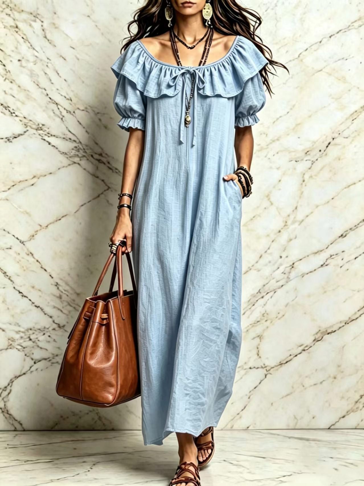 Casual Elegant Round Neck Ruffle Beach Vacation Dress for Women