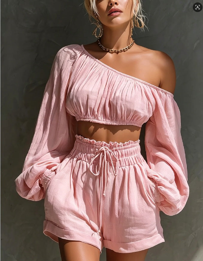 Shoulder long sleeved short top+high waisted casual shorts set for women