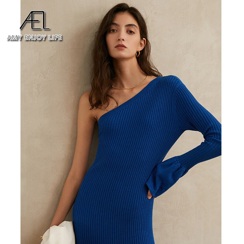 AEL Wool Knitted Party Dress Women Spring Elegant Sexy One Shoulder Fishtail Long Dress Elastic Slim Blue