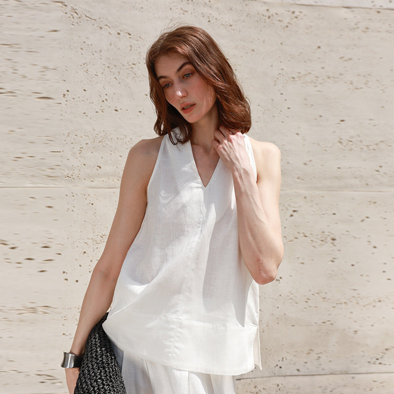 Linen V-Neck Halter Tank Top for Women Summer Vacation Strapless Blouse Tee