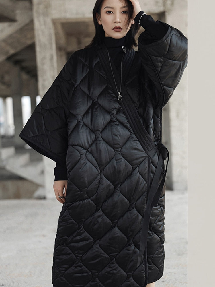 New Black Kimono Bandage Nightgown Women's One-Piece Down Cotton Padded Jacket Large Gourd Pattern Coat