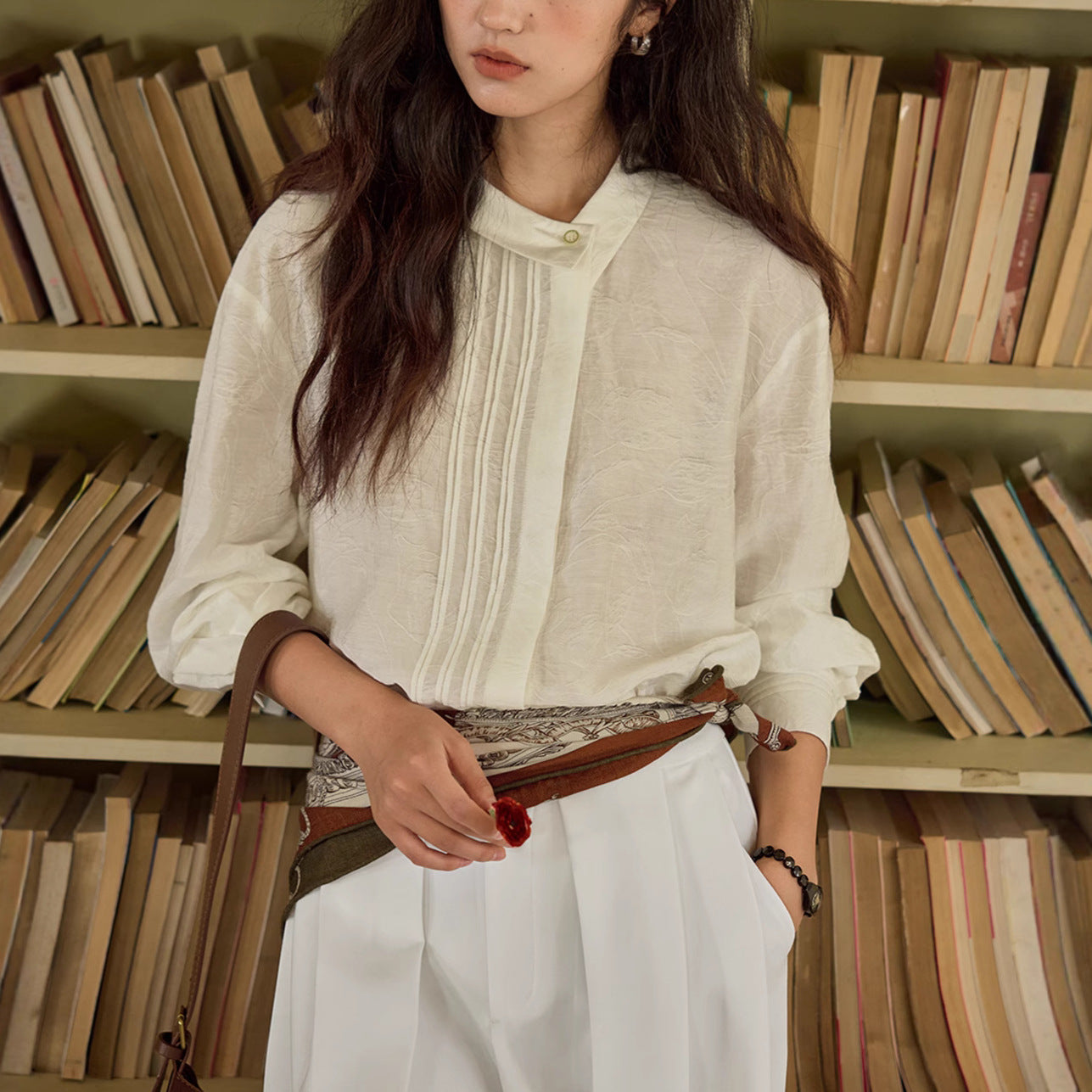 Linen Asymmetric Notch Collar Jacquard Shirt Women Long Sleeve Top