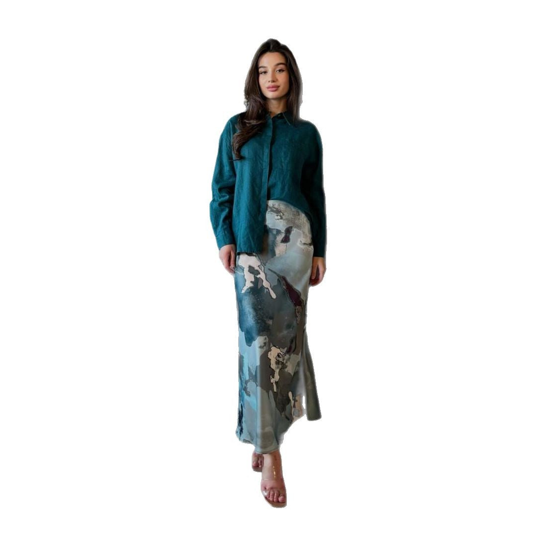 Long Sleeve Blouse with High Waist Printed Bodycon Skirt Set