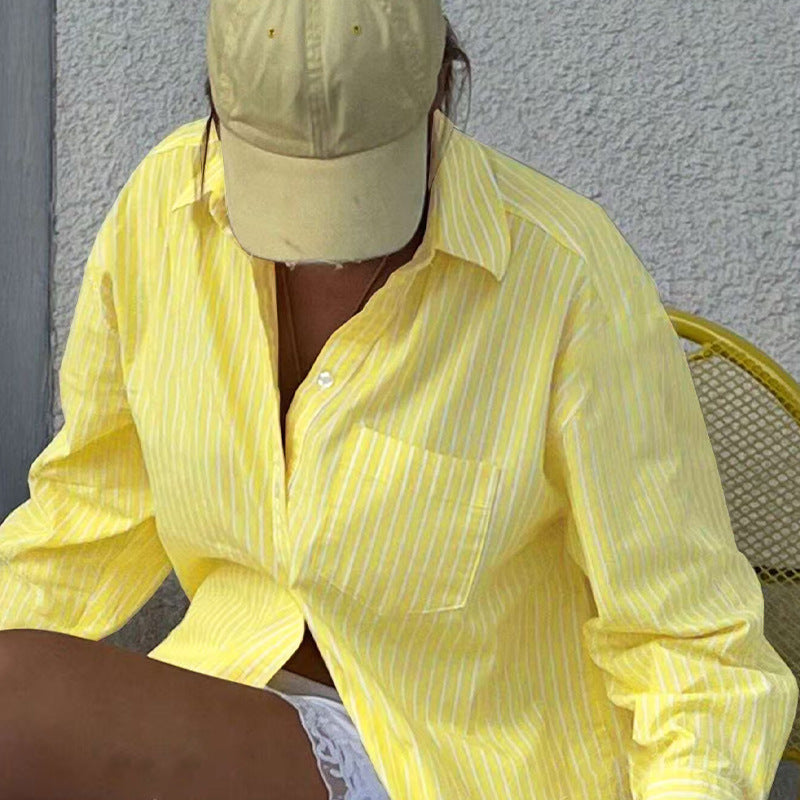 Long sleeved striped shirt cardigan for women
