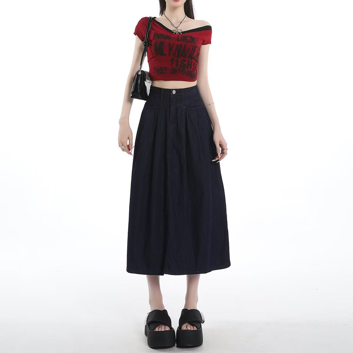 Navy Blue Denim Skirt for Women