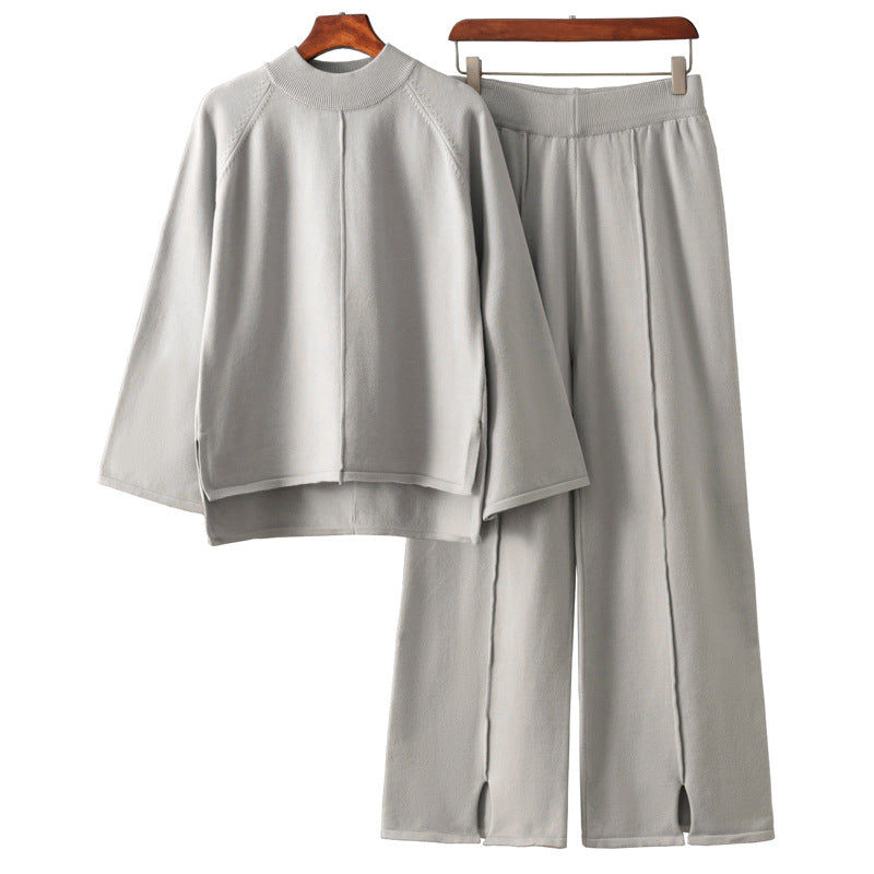 Solid color round neck sweater wide leg pants set