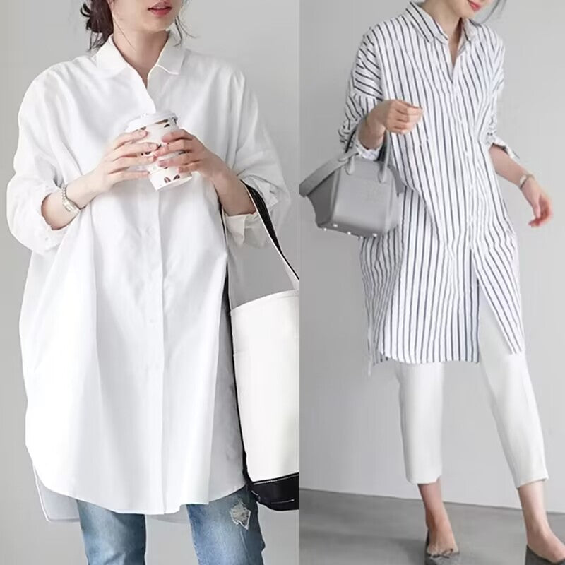 Women's New Long-sleeved White Shirt Medium and Long Length Fashionable Lazy and Loose Design with Pockets