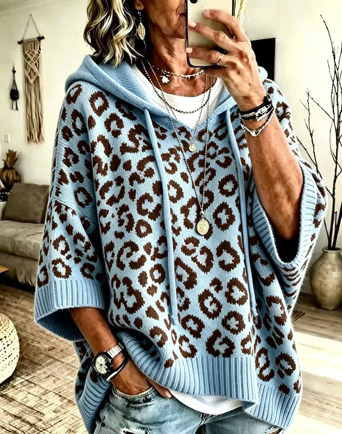 Leopard print hooded drawstring knit pullover hoodie knit