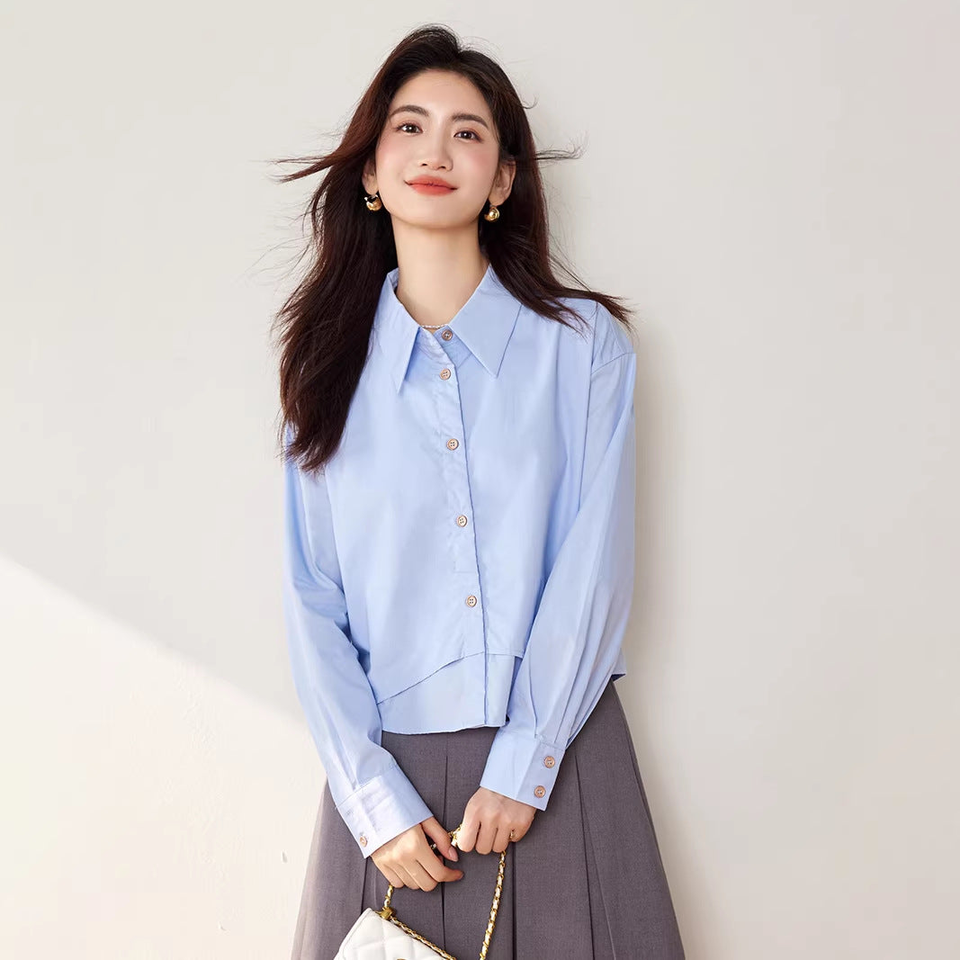 Elegant False Two-Piece Loose Long Sleeve Shirt for Women Fashionable Versatile Turn-Down Collar Solid Color Top
