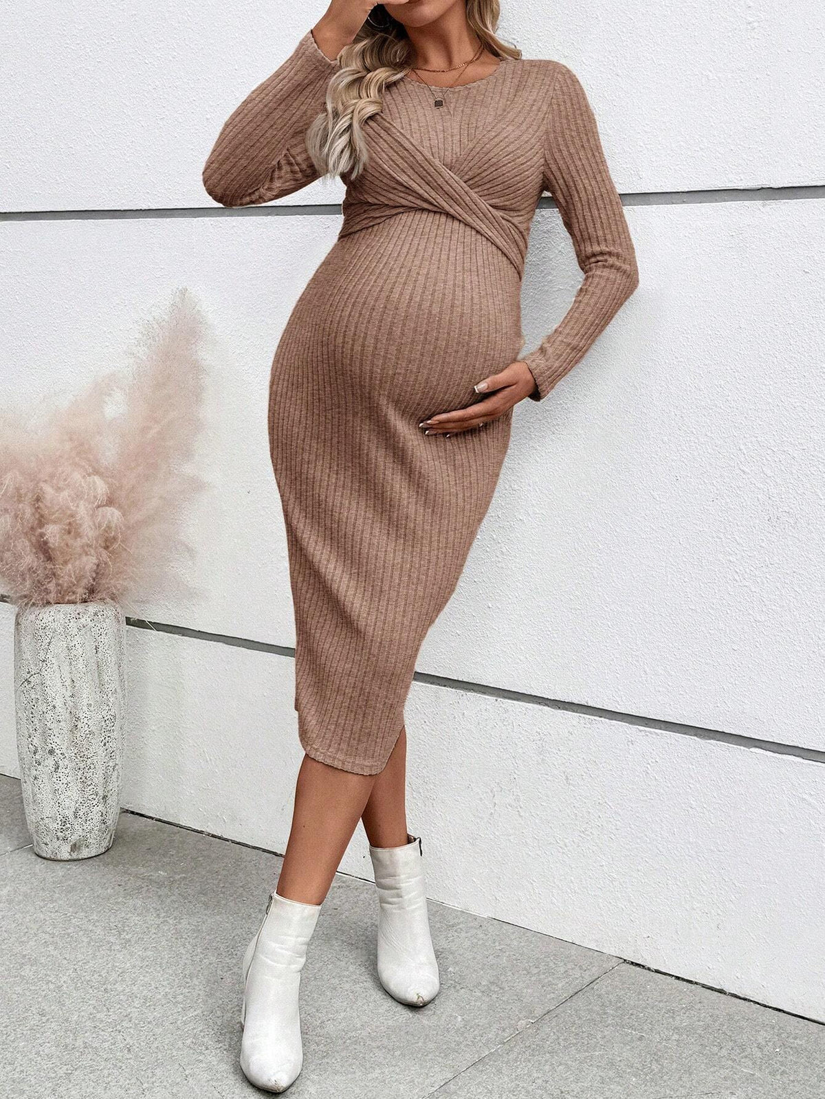 Long Sleeve Maternity Dress Elegant Knot Slim Fit Maternity Dress Full Length Dress