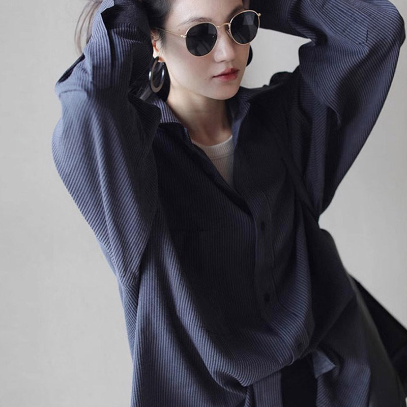 Elegant Black Striped Shirt for Women, Autumn New Arrival, High-End Design, Loose Layering Long Sleeve Blouse
