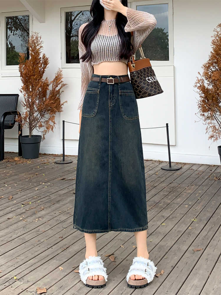 Vintage Front Patch Pocket Denim Midi Skirt for Women High WaistStraight Fit, Mid-Length