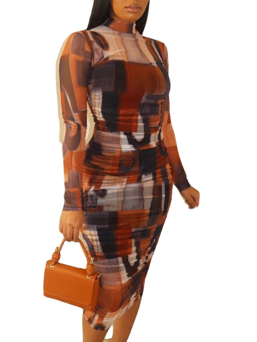 Big Size 5XL Long Sleeve Dress Bodycon Sexy Tie Dye Printing Summer Tight Dress Party Club Birthday Wear Large Women Clothing