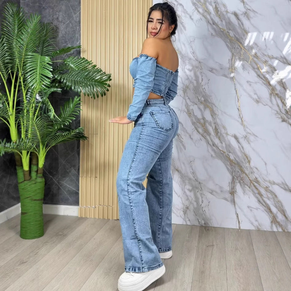 Women's Denim Top Fashion Sexy Crop Long Sleeve One Shoulder Top