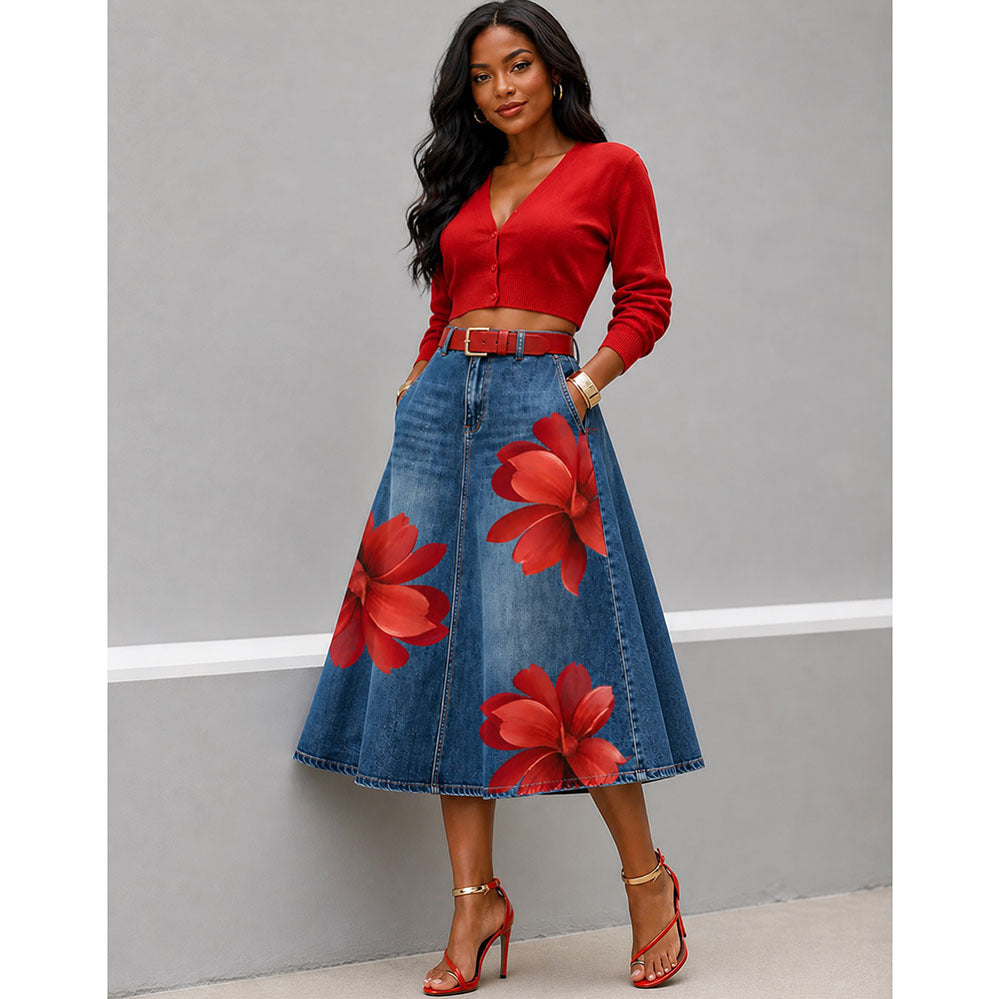 Style Floral Print Washed Denim High Waist Midi Skirt