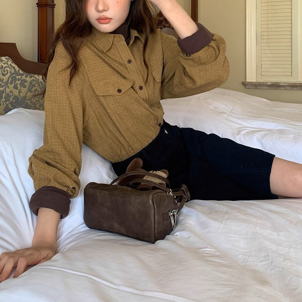 Vintage Plaid Long Sleeve Shirt for Women, Loose Fit, Slimming Design, Stylish Blouse