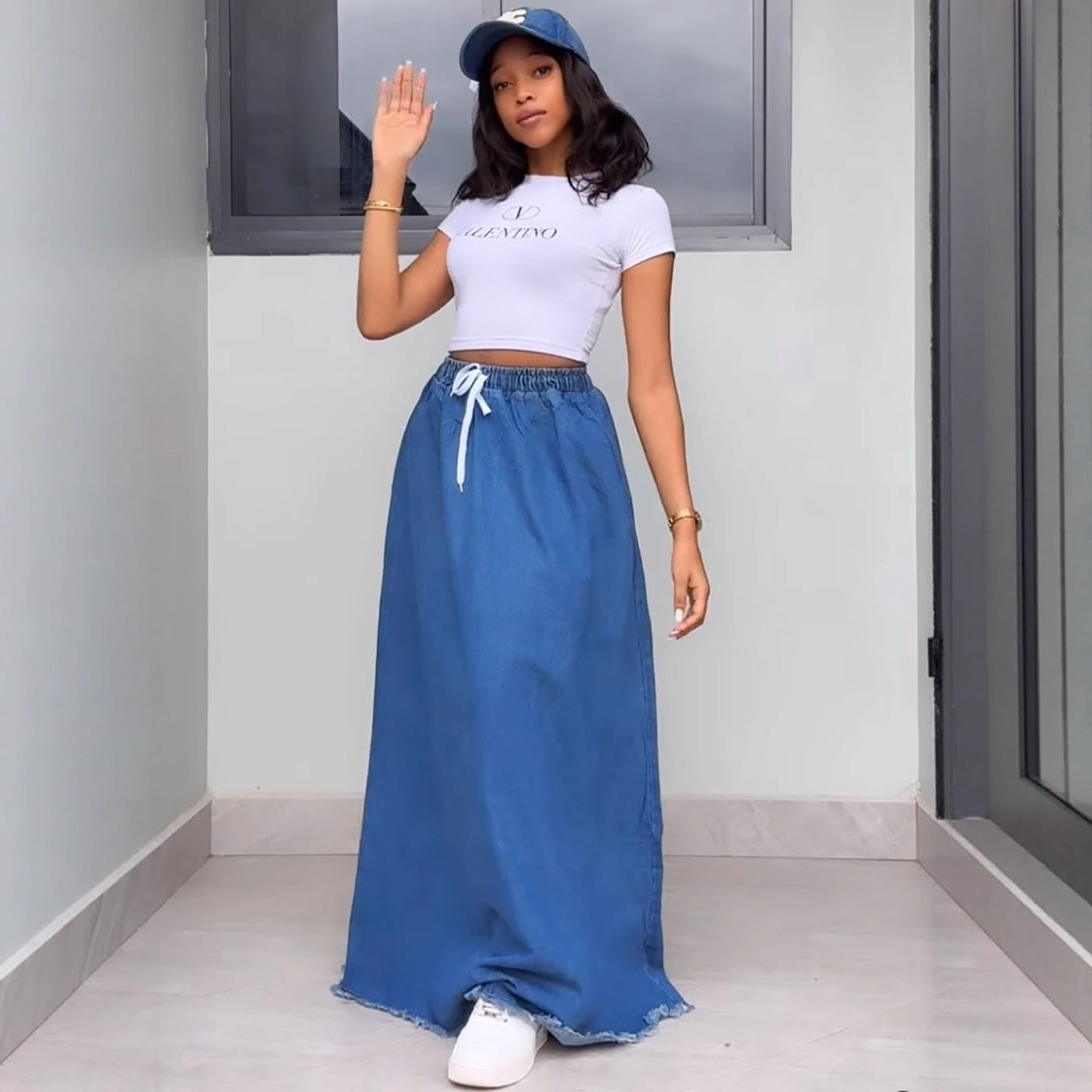 Women's Denim Skirt, Washed Solid Color, Drawstring High Waist, Ruffle Long Skirt Fashion Style