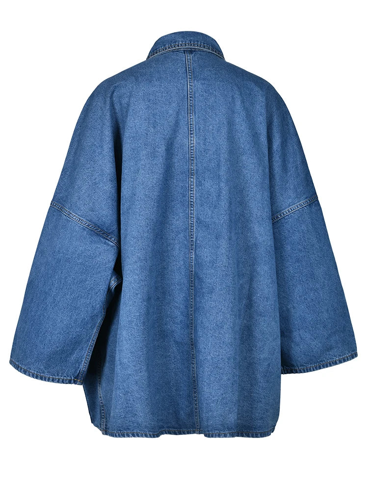 Casual Loose Denim Jackets For Women Lapel Quarter Sleeve Patchwork Pockets Minimalist Jacket Female Fashion New