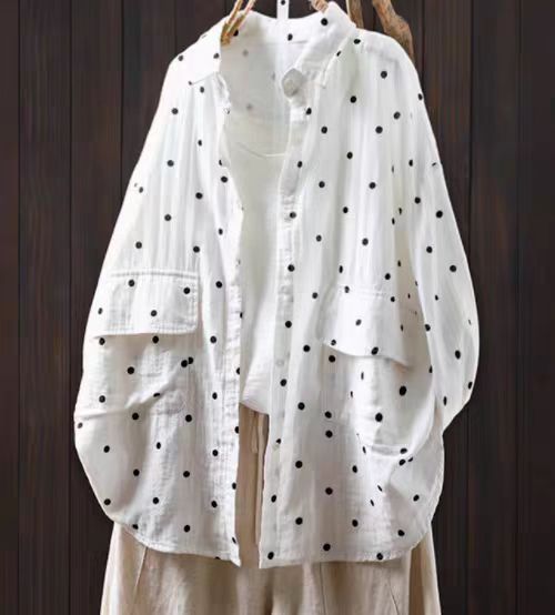 Loose Collar Cotton Shirt Women's Literary Slimming Long Sleeve Jacket Printed Outerwear