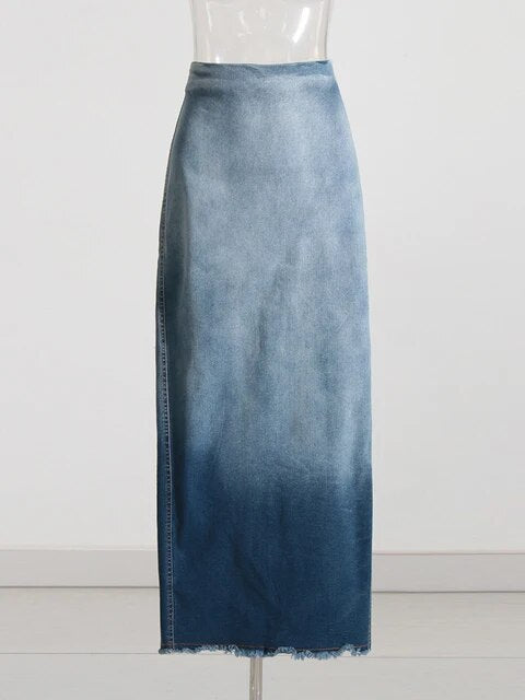 Denim Summer Skirts For Women High Waist Ombre Hit Color Raw Hem A Line Temperament Skirt Female Fashion Clothes