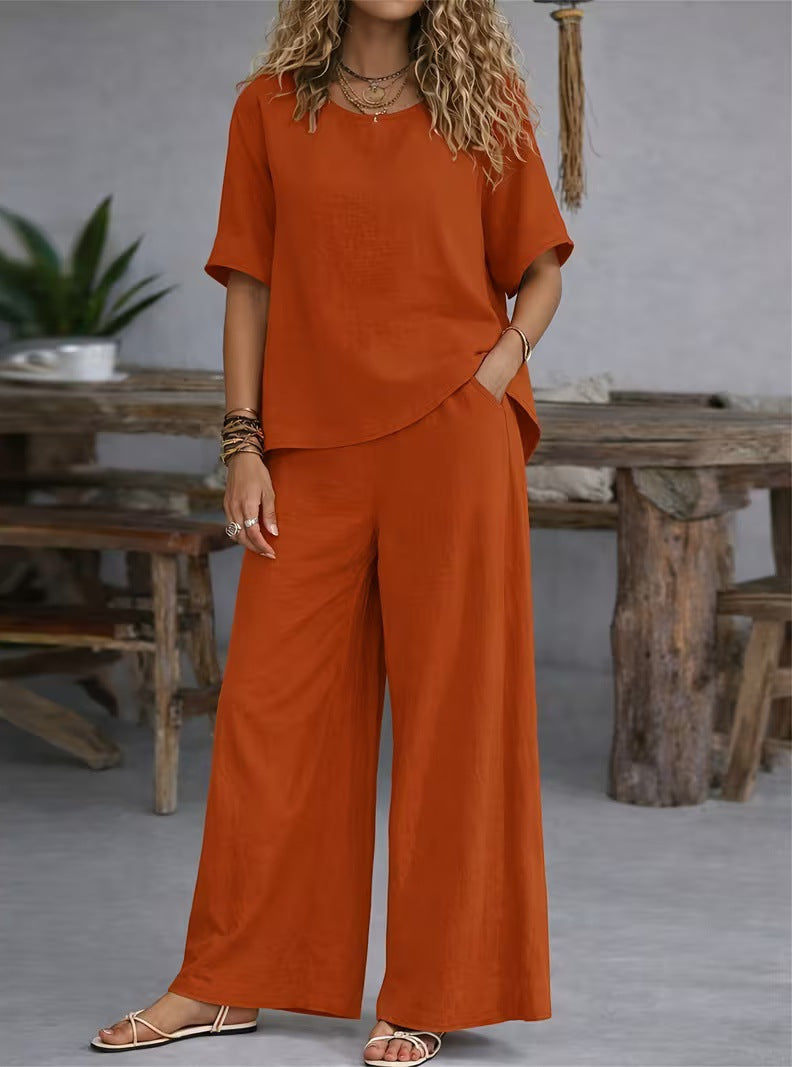 Casual Loose Rich Style Wide-Leg Pants Linen-Cotton Two-Piece Set for Women