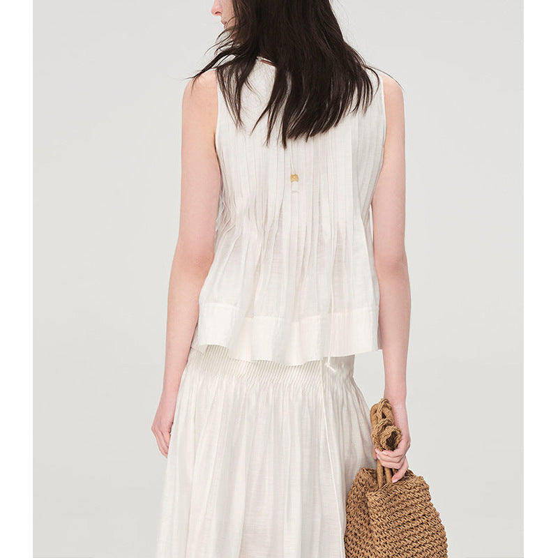 Elegant Ruffled Lace Sleeveless Blouse for Women with Round Neck and Beaded Decoration