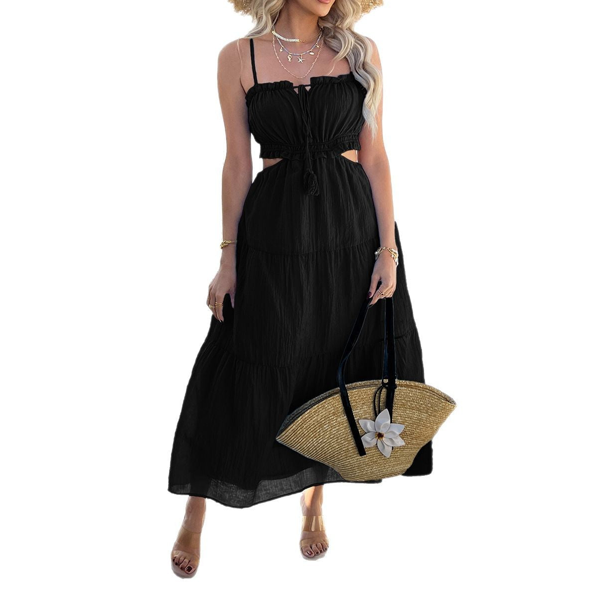 Solid color Bohemian vacation style high waisted patchwork camisole dress