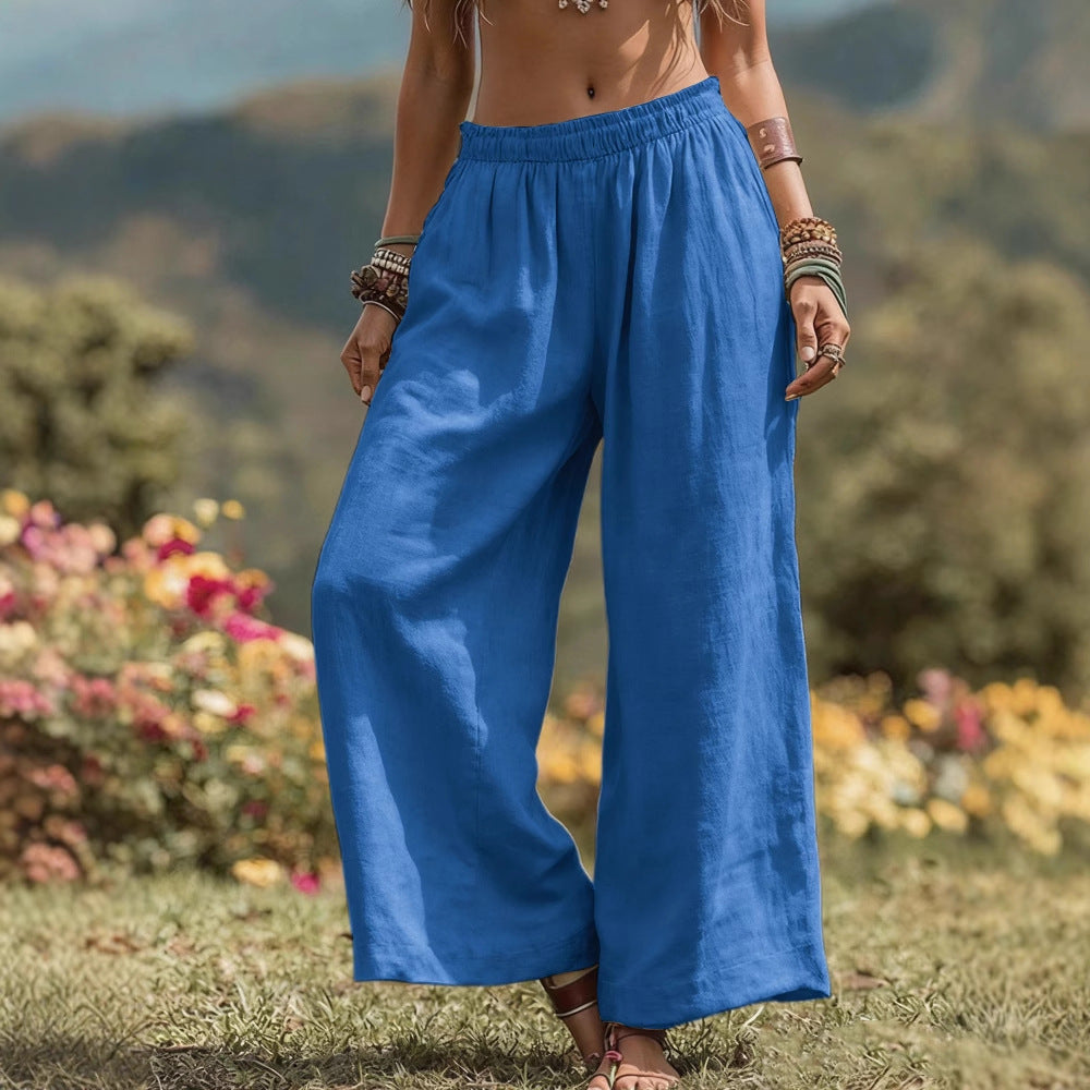 Loose Side Pocket Elastic Waist Cotton Linen Wide Leg Pants for WomenCasual Fashion Bottoms