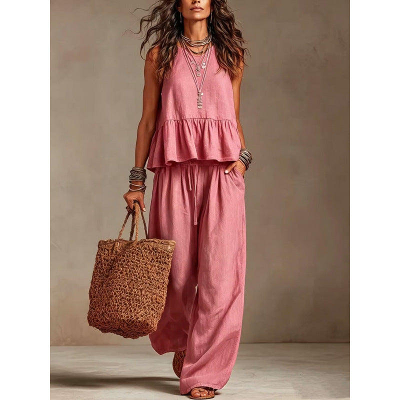 Simple Casual Cotton Linen Ruffle Sleeveless Wide Leg Set Women's Two-Piece Outfit