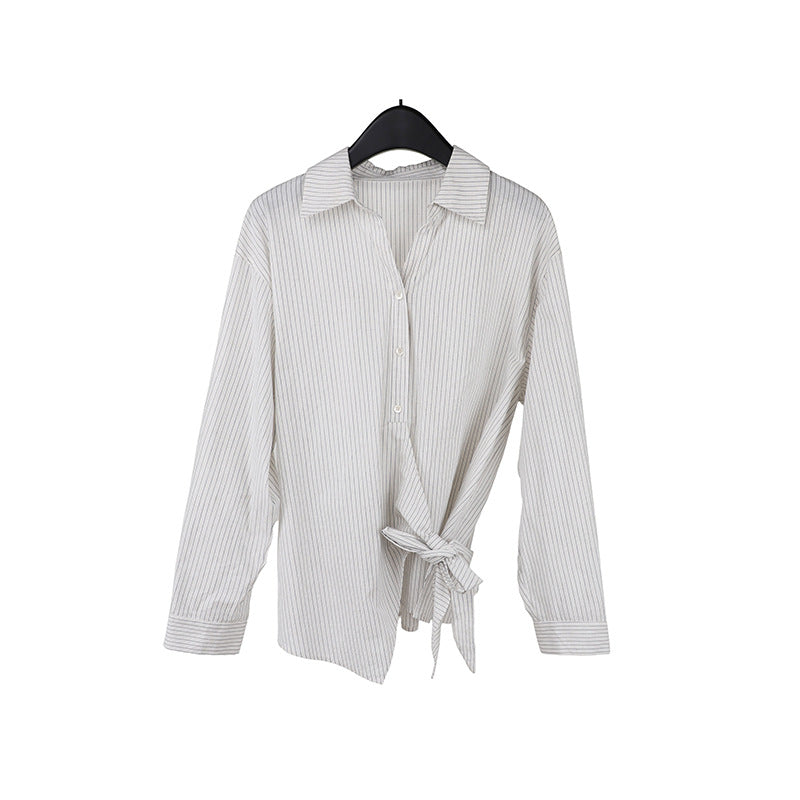 Irregular Cinched Waist Tie-Strap Striped Shirt, Elegant Commute Blouse