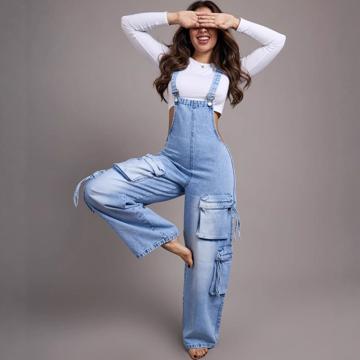Casual Straight-Leg Denim Overalls for Women Street Style Multi-Pocket Denim Jumpsuit