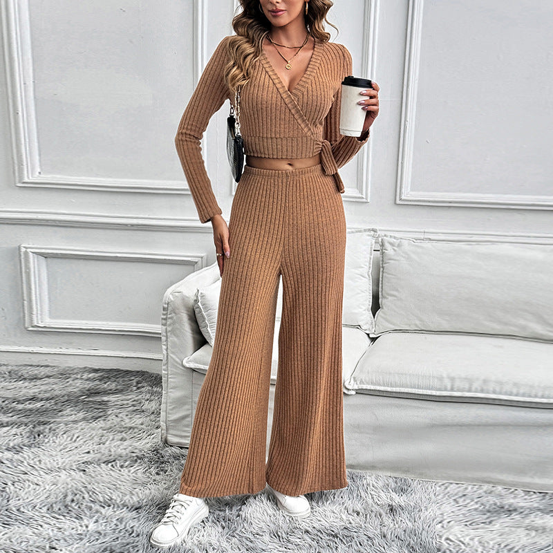 Textured Long Sleeve Tie Women's Two-Piece Set
