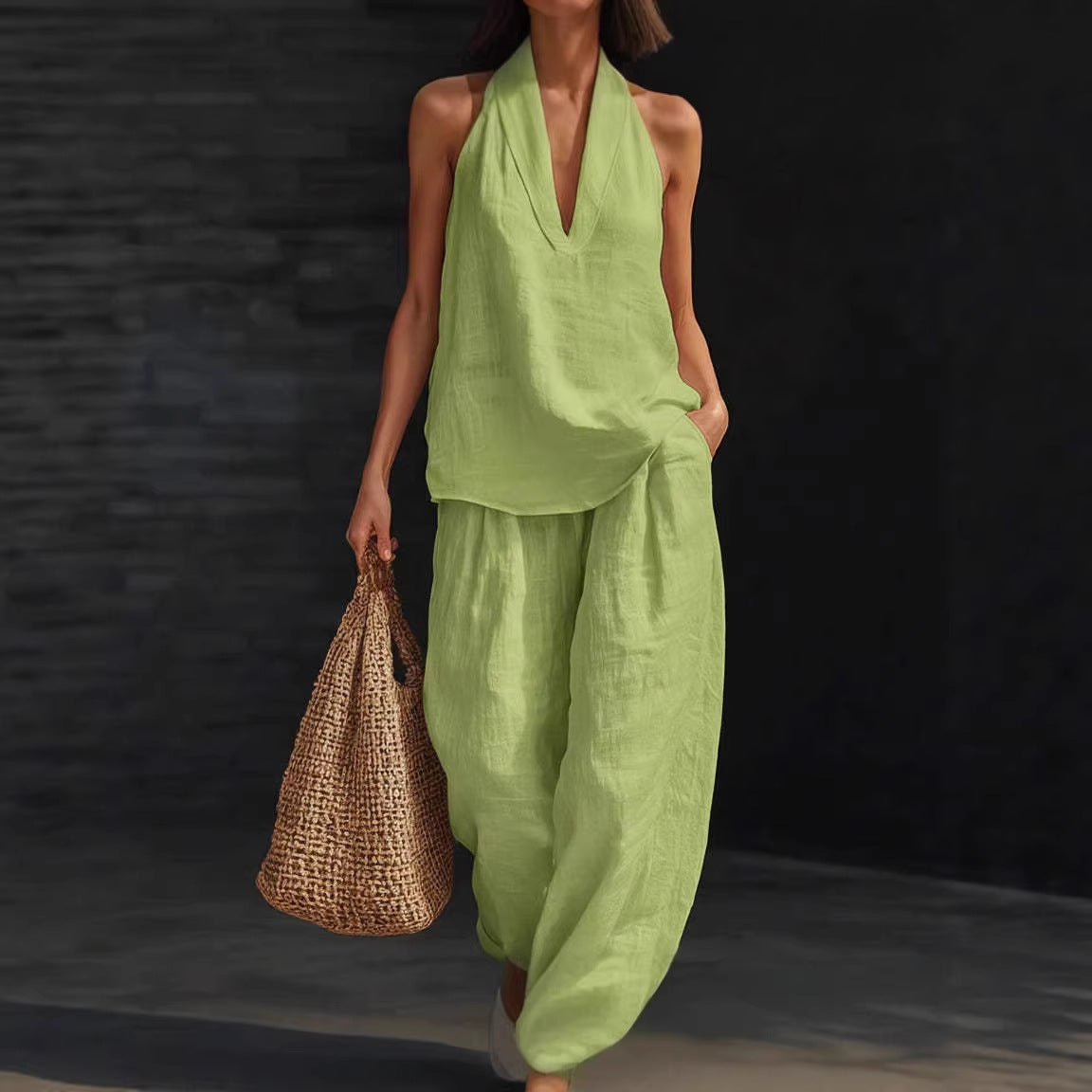 Fashionable Solid Color Strapless V-Neck Sleeveless Casual Two-Piece Set for Women