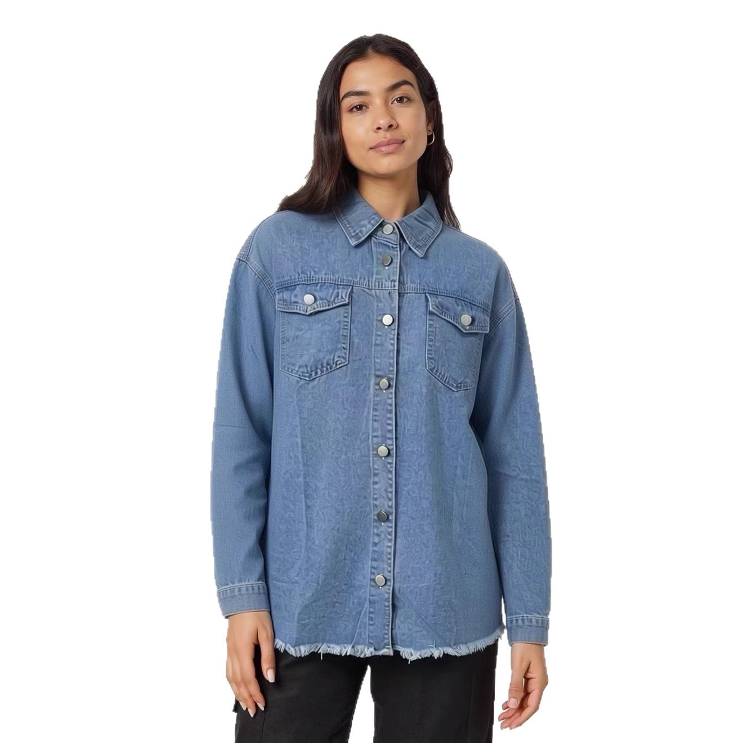 Retro Washed Casual Solid Color Mid-Length Long Sleeve Pocket Denim Jacket for Women