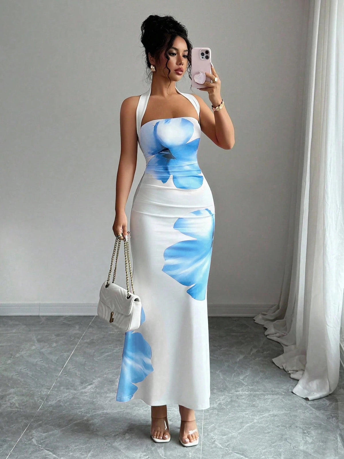 women's backless halter long dress with printed pattern fitted silhouette