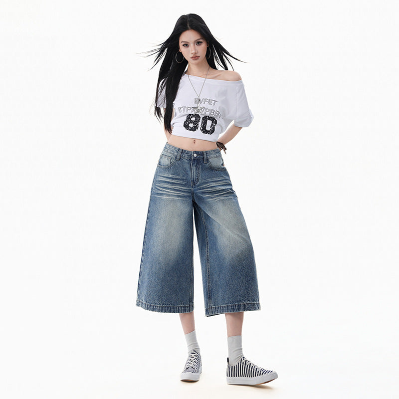 Wide-Leg Seven-Eighth Denim Pants Women