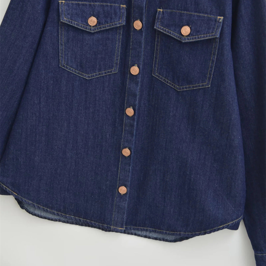 Style Retro Turn-Down Collar Single-Breasted Denim Long Sleeve Shirt Women's Design Sense Curved Hem Loose Casual Top