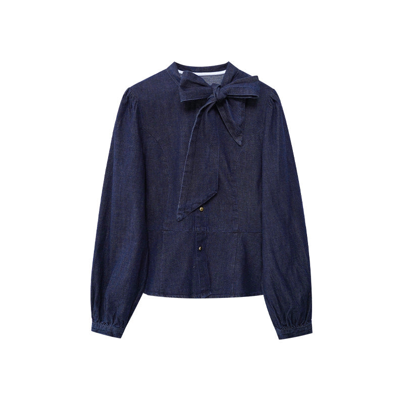 Bow tie denim shirt for women