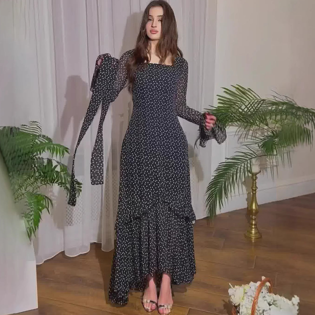Dress Spring Long Length Patchwork Polka Dot Ruffle Sleeve ChiffonElegant