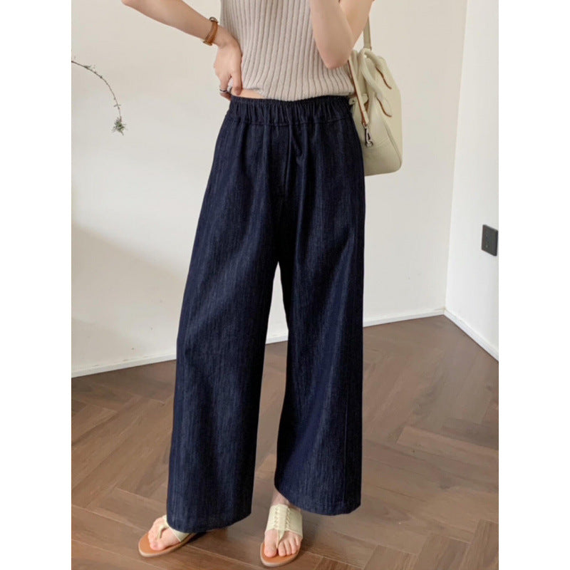 Deep Blue Lightweight Tencel Denim Pants Summer Elastic Waist Loose Fit Straight Leg Casual Pants for Women