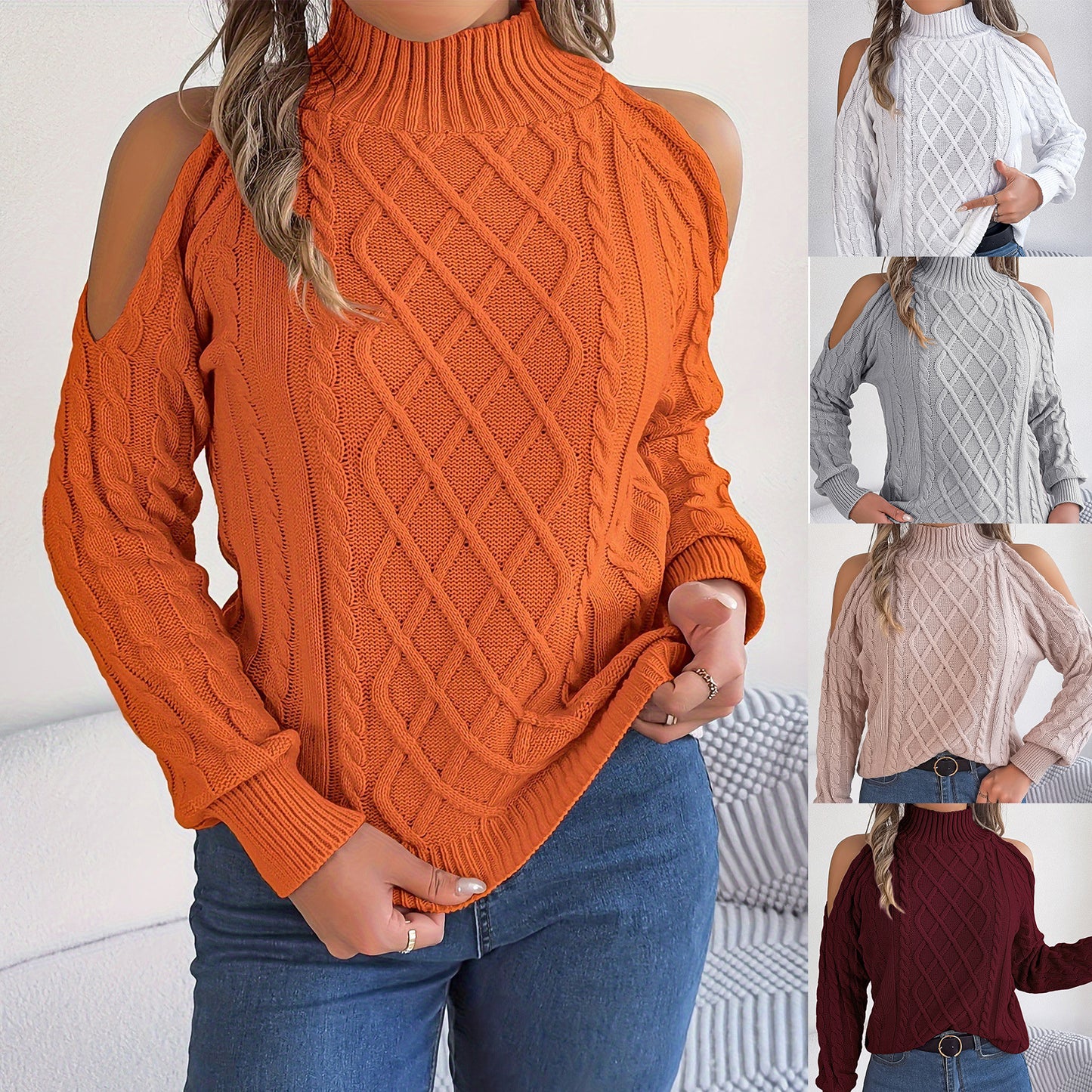 Women's autumn and winter casual warm twisted off-shoulder half-high collar long-sleeved pullover sweater