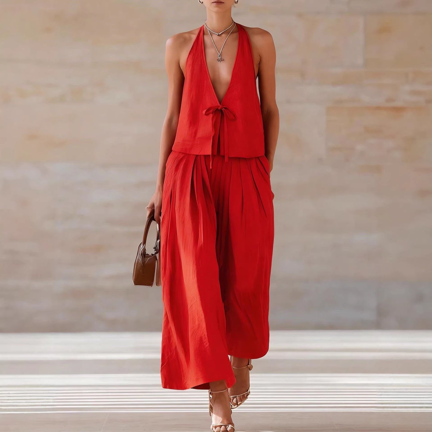 Style Solid Color Sleeveless Casual Loose Fit Two-Piece Set Tank Top amp Wide-Leg Pants Women's Outfit