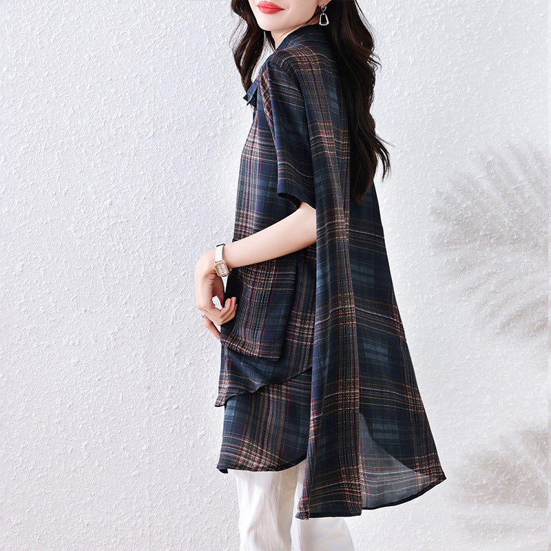 Plus Size Women's Summer Fashion Versatile Plaid Chubby MM Elegant Shirt Loose Belly Covering Slimming Blouse