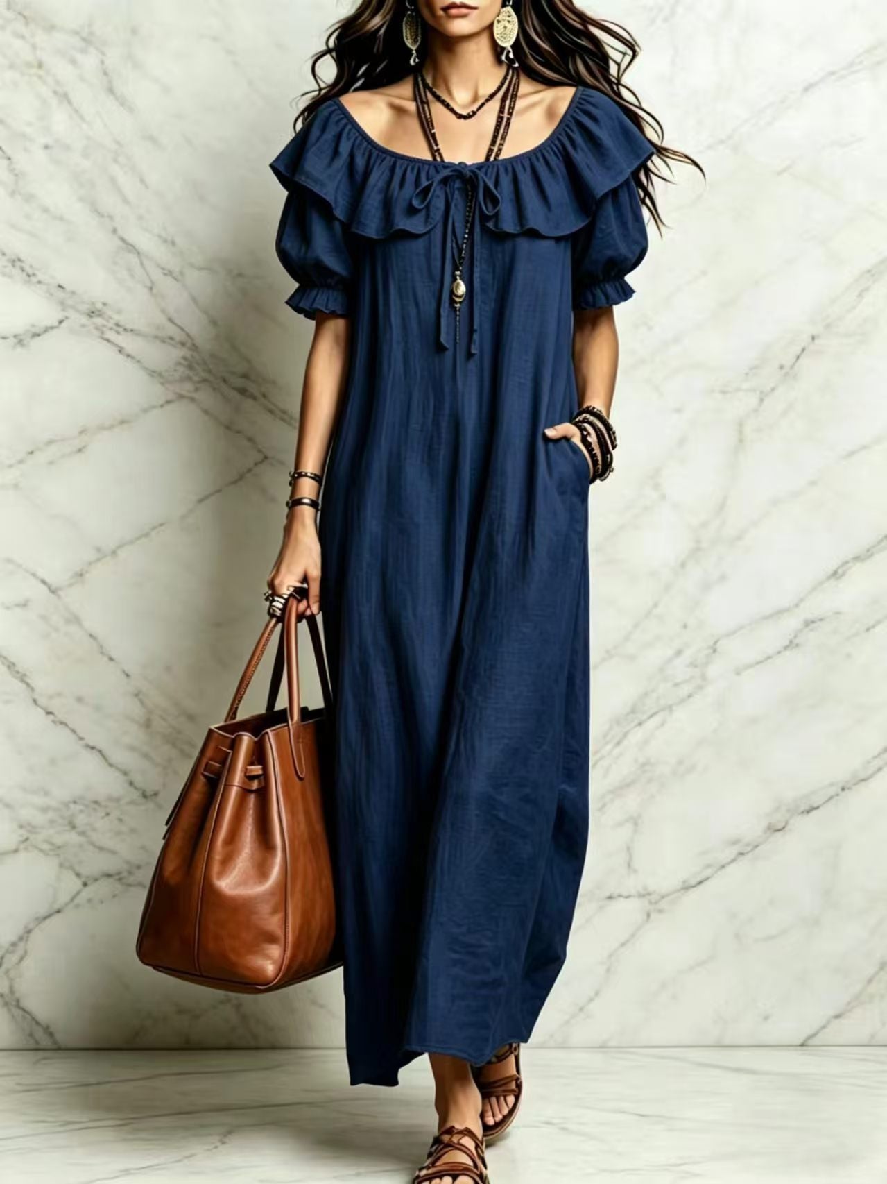 Casual Elegant Round Neck Ruffle Beach Vacation Dress for Women
