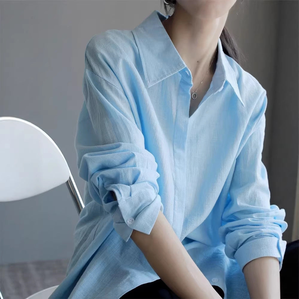 Blue Polo Collar Sun Protection Shirt Loose Lazy Style Long Sleeve Lightweight Cotton Linen Blouse Jacket