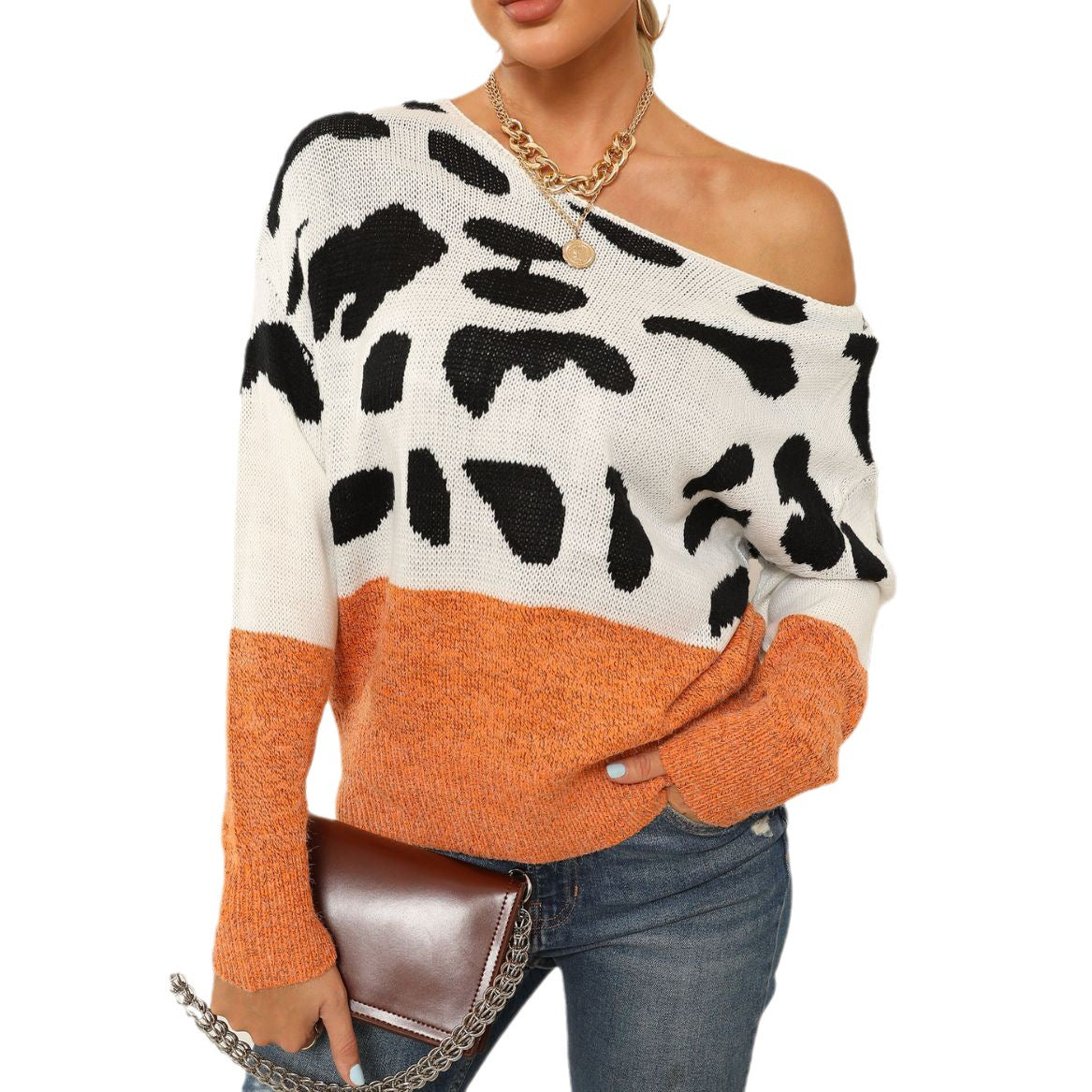 Lady Knit Sweater Long Sleeve Print Off-Shoulder Loose Fit Casual Pullover Top