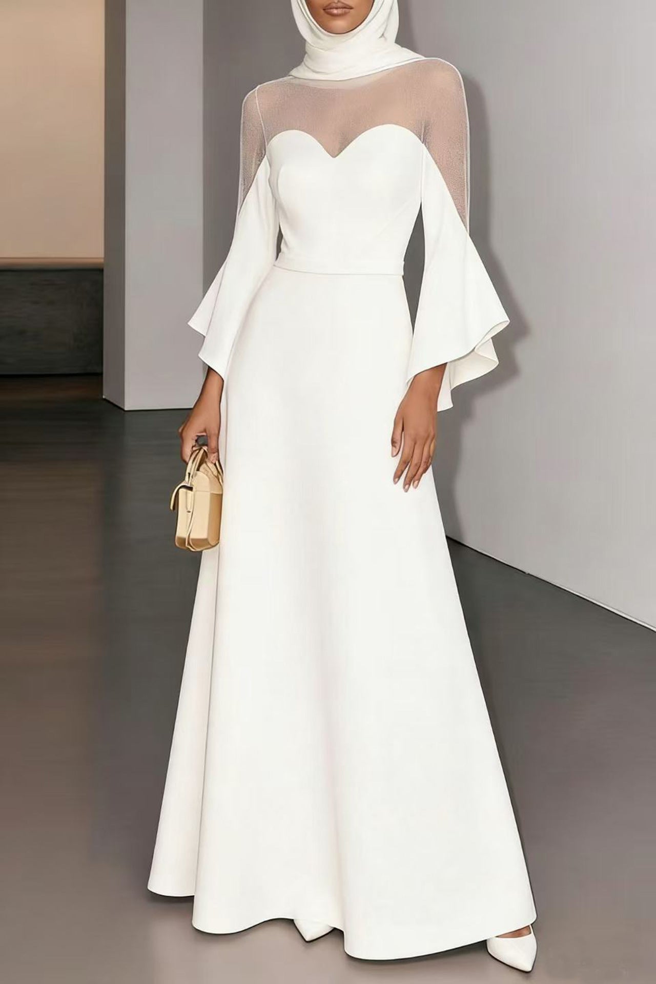White Long Sleeve Wedding Dress, Slim Fit, Backless Design Evening Gown