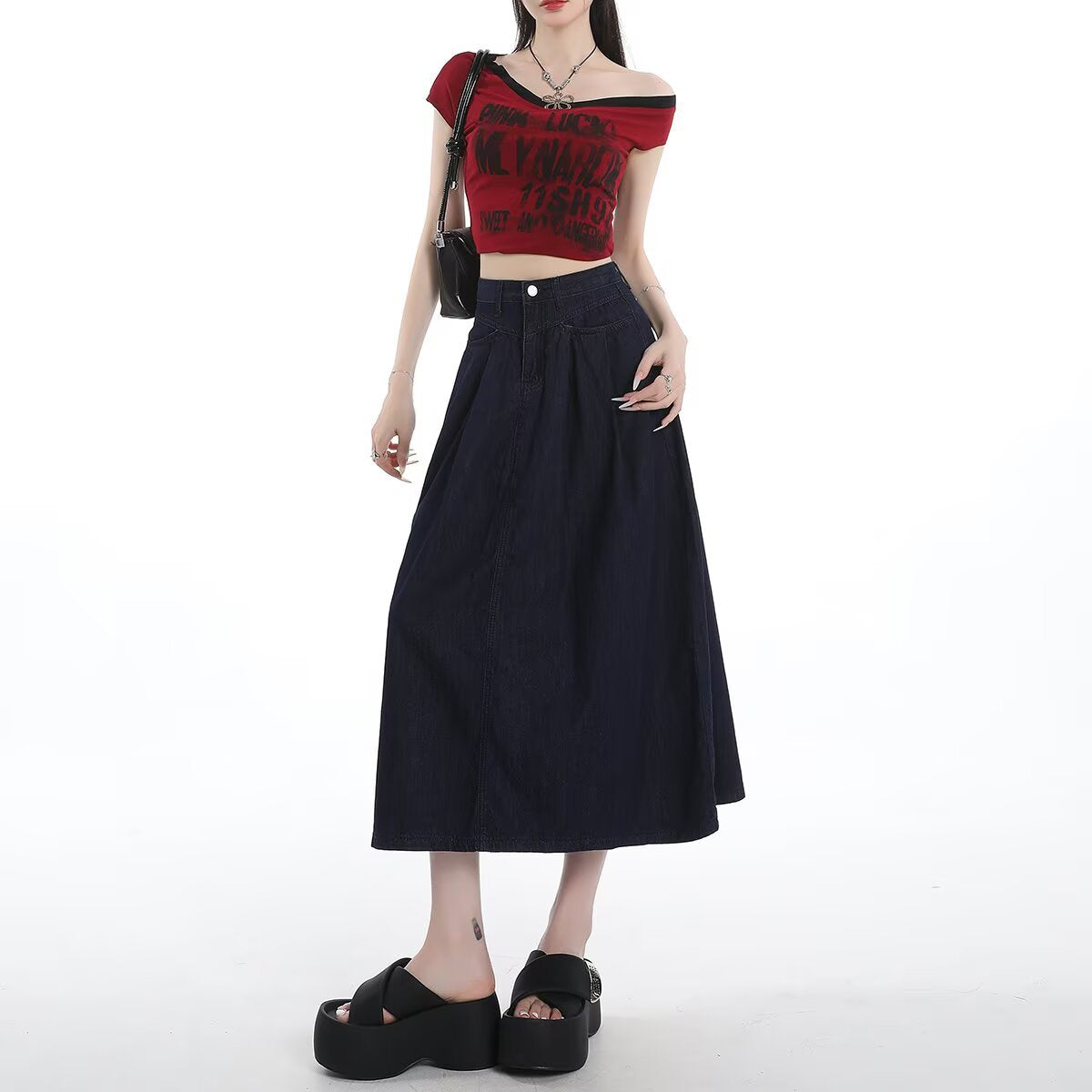 Navy Blue Denim Skirt for Women