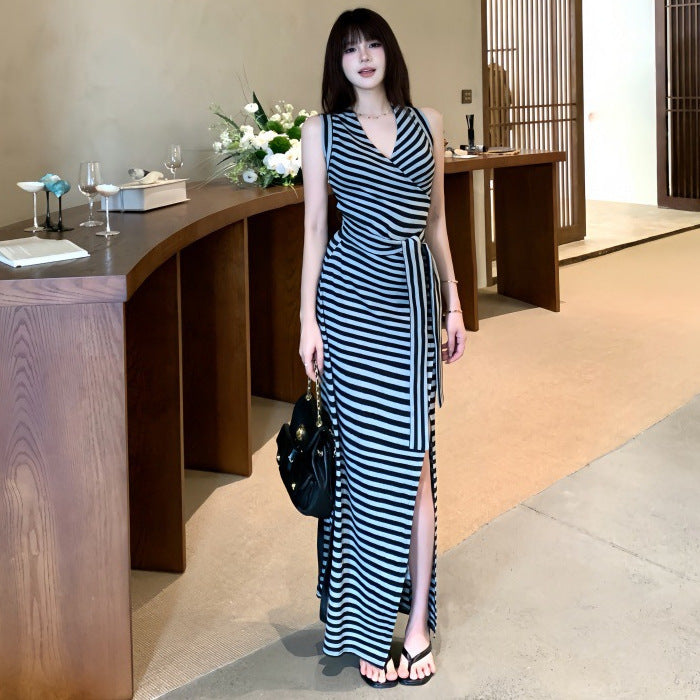 Stylish V-Neck Cross-Tie Stripe Dress for Women