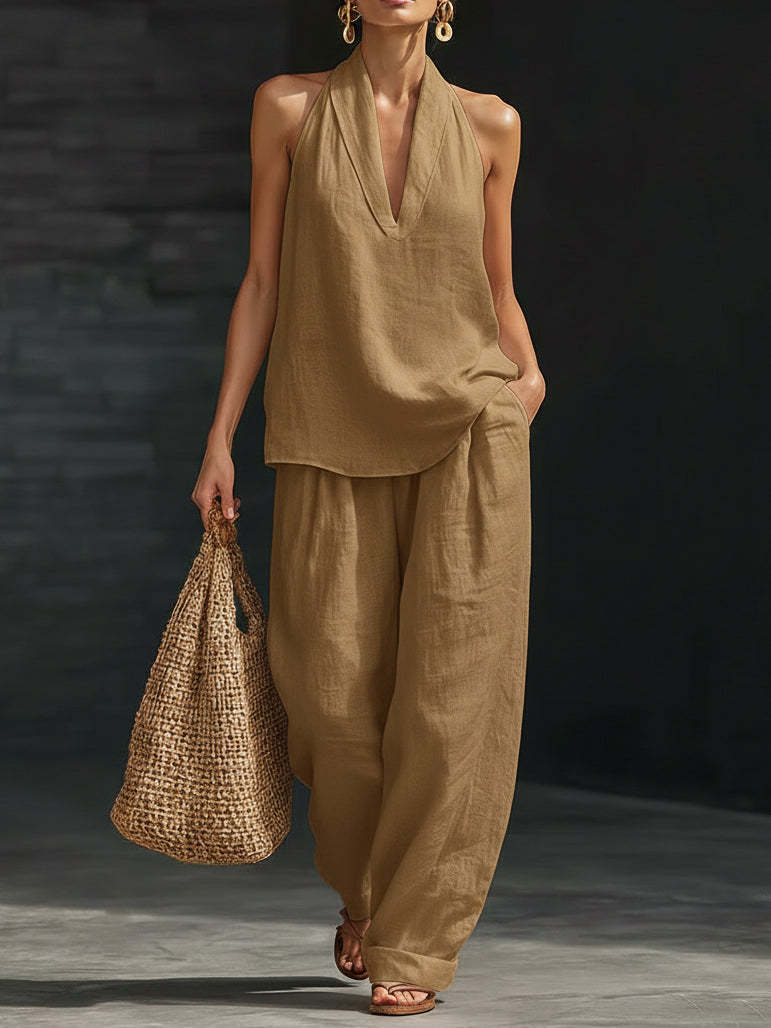 Fashionable Solid Color Strapless V-Neck Sleeveless Casual Two-Piece Set for Women